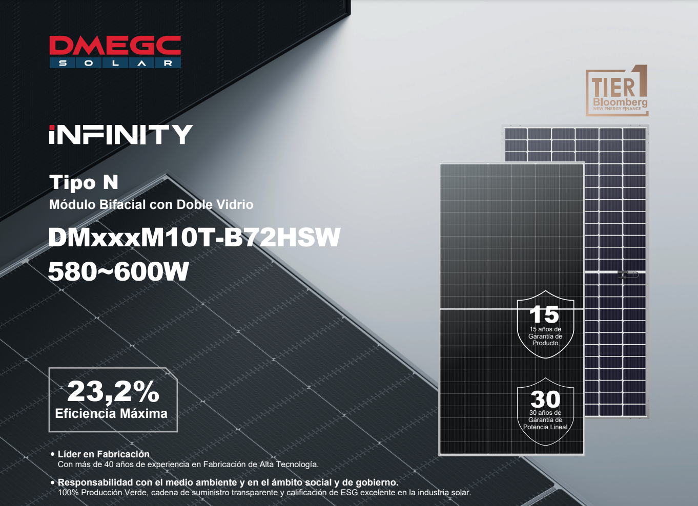 Compra de palet de paneles fotovoltaicos Dmegc Bifacial DM580M10T-B72HSW N-Type con Doble Cristal – 580W para Máxima Eficiencia Solar